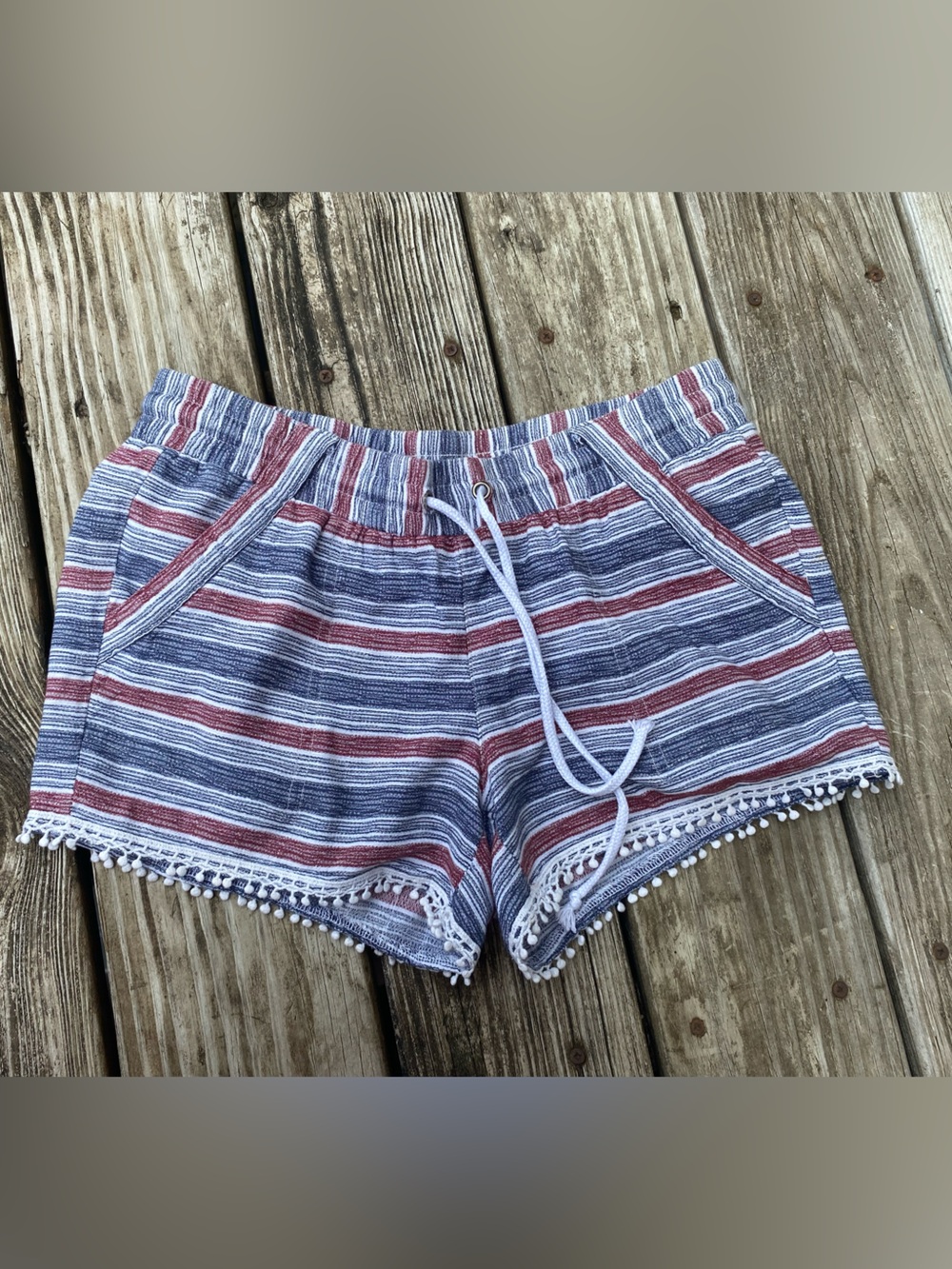 Rewind Striped Blue & Red Pom-Trim Beachy Shorts Size Medium Juniors